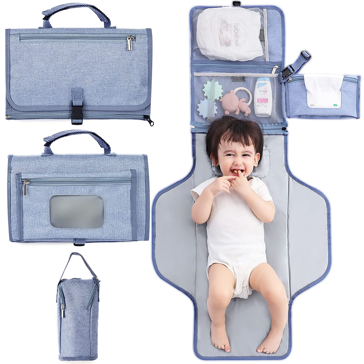 Almofada portátil para troca de fraldas, almofada removível para troca de viagem com bolsa térmica para garrafa de bebê, almofada para troca de bebê com reversível