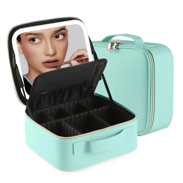 Custodia per borsa da viaggio per trucco di alta qualità con custodia per trucco a specchio con luce a led, scatola per cosmetici di bellezza, scatola per organizer per trucco