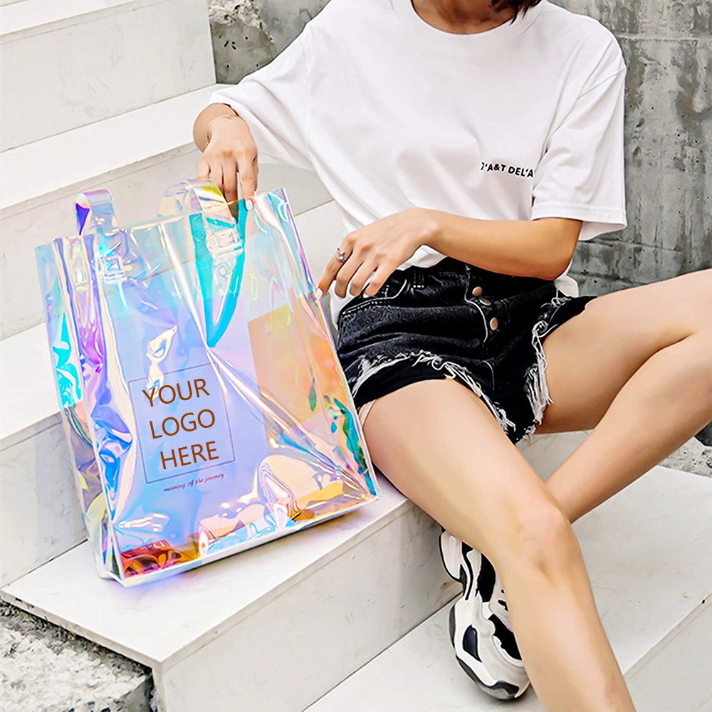 Hot Sales Women Personalized Holographic Fashion Beach Bag Waterproof Transparent tote bag PVC Laser Bag With Handle