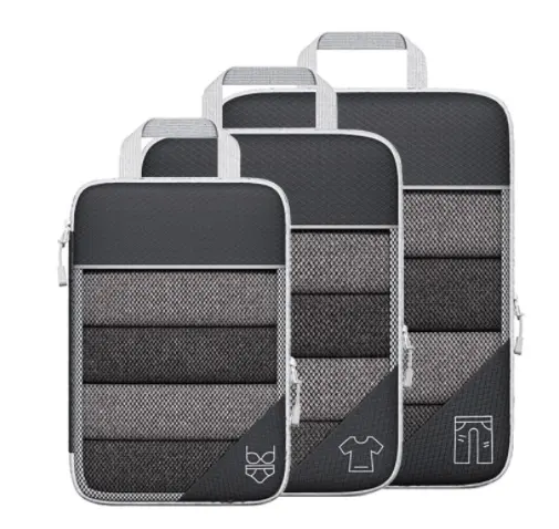 6 Set Of Packing Cubes Suitcase Luggage Organizer Black Compression Travel Cubes