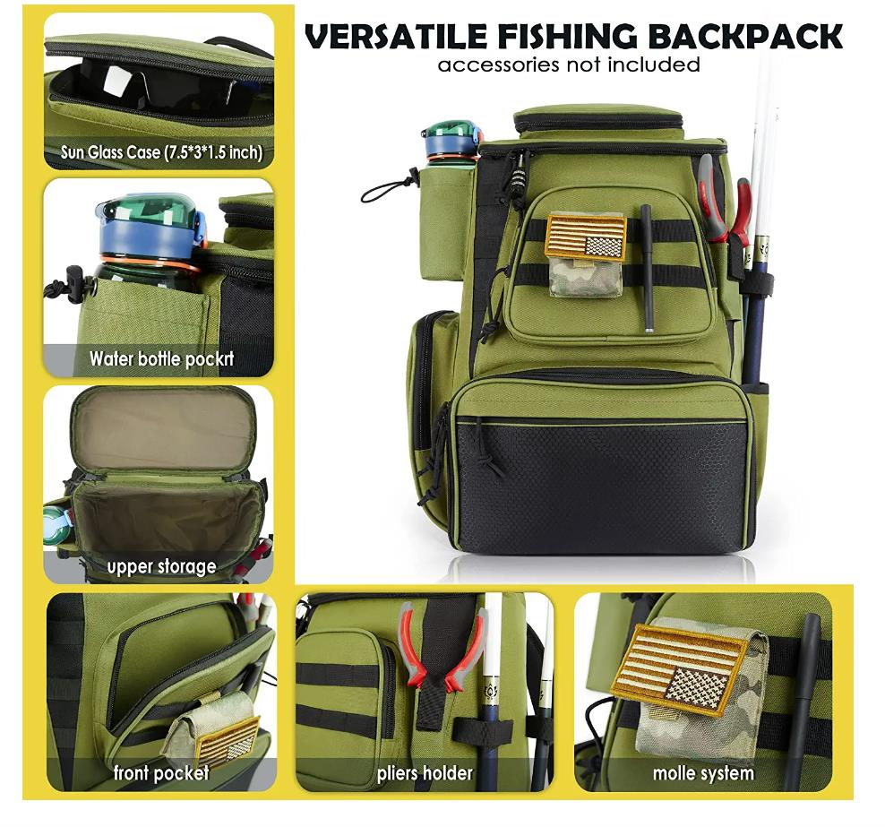 Fishing Backpack Tackle Boxes Waterproof Large Storage Fishing Tackle Bag with Trays Included for Fishing with Rod Holder and 3