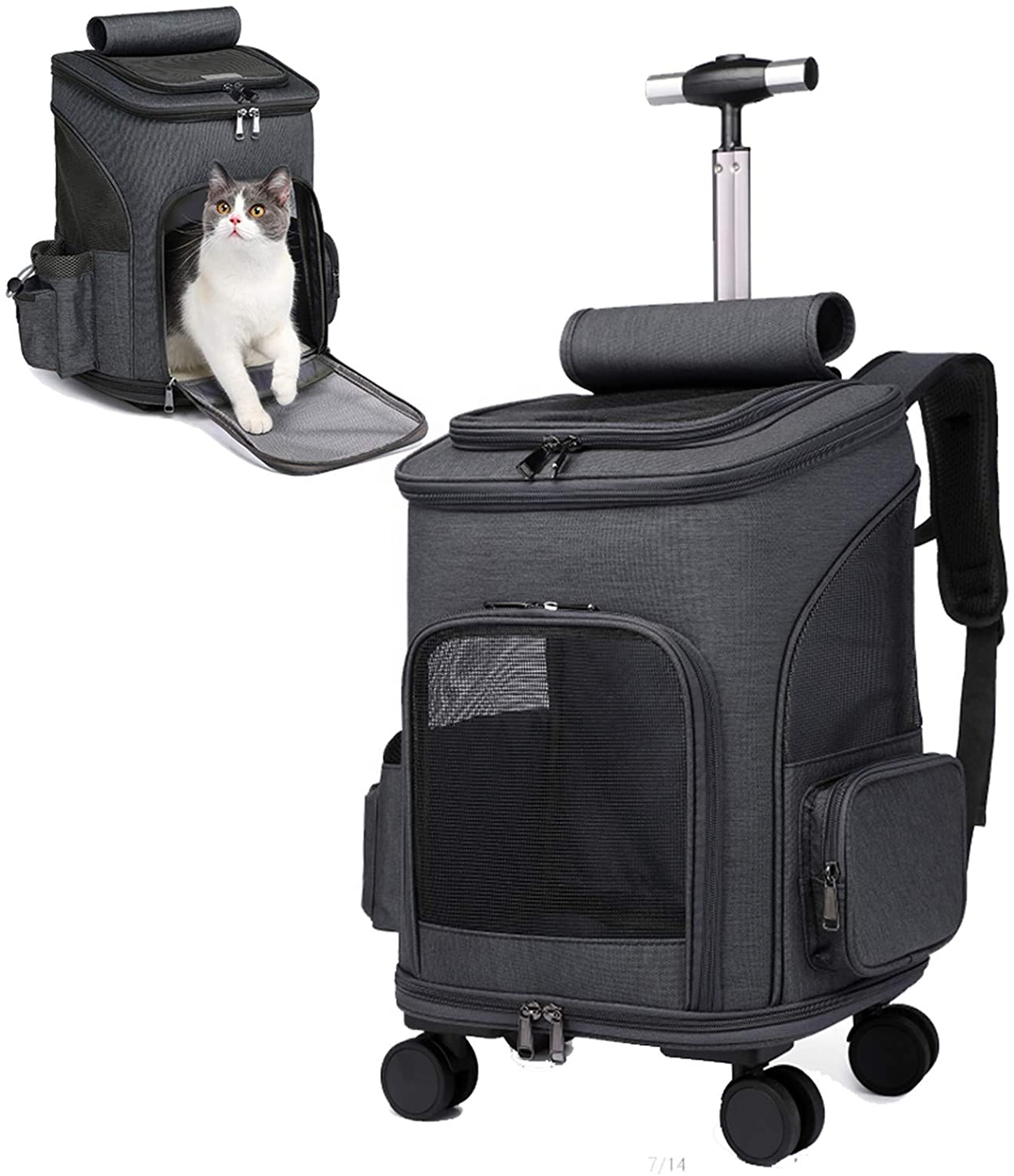 trolley pet carrier Mesh Ventilation Windows Car Seat Removable Wheeled Rolling Cat Carrier Backpack for Dogs Cats Puppy