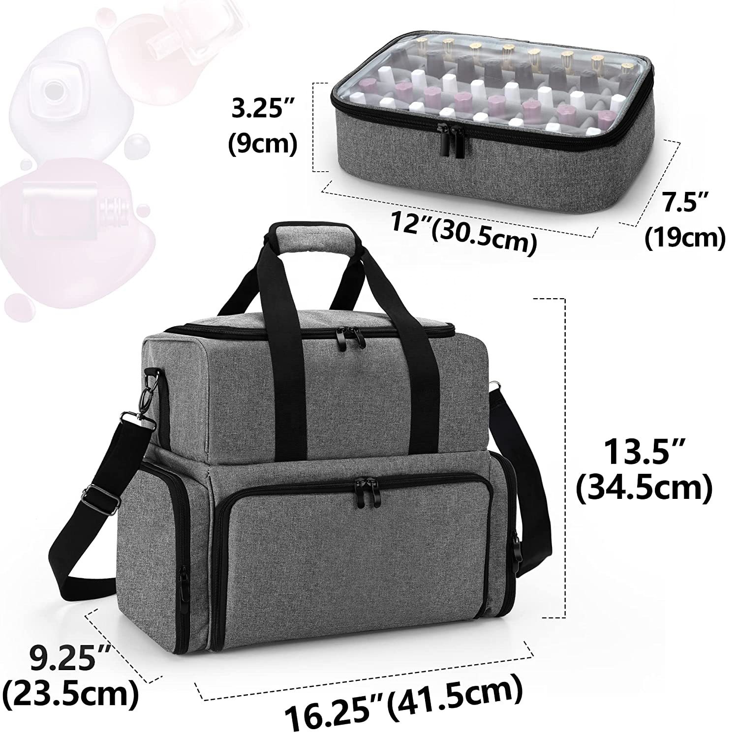 Factory low MOQ custom 80 Bottles nail polish set organizer bag case with 2 Removable Pouches and Manicure Tools Storage