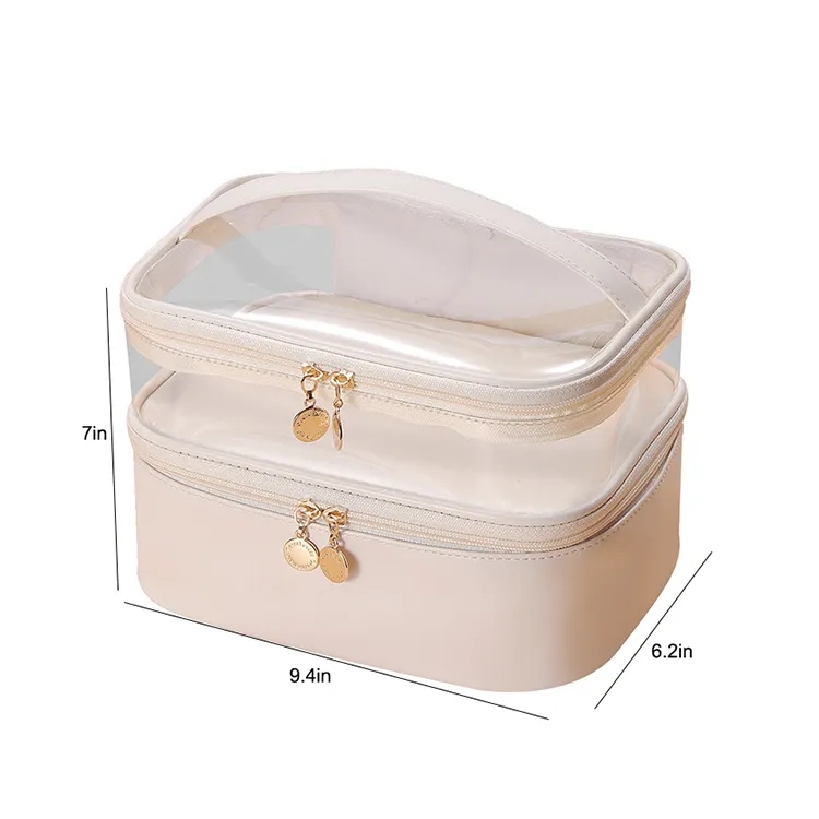 2023 New Arrival Dual Makeup Bag Clear PVC Make up Toiletries Bag Case Transparent Double Layer Cosmetic Bag