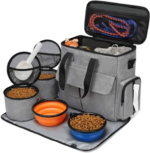 Bolsa de viaje para perros, organizador aprobado por aerolínea para suministros para mascotas con bolsillos multifunción, juego de viaje para mascotas de fin de semana para perros y gatos