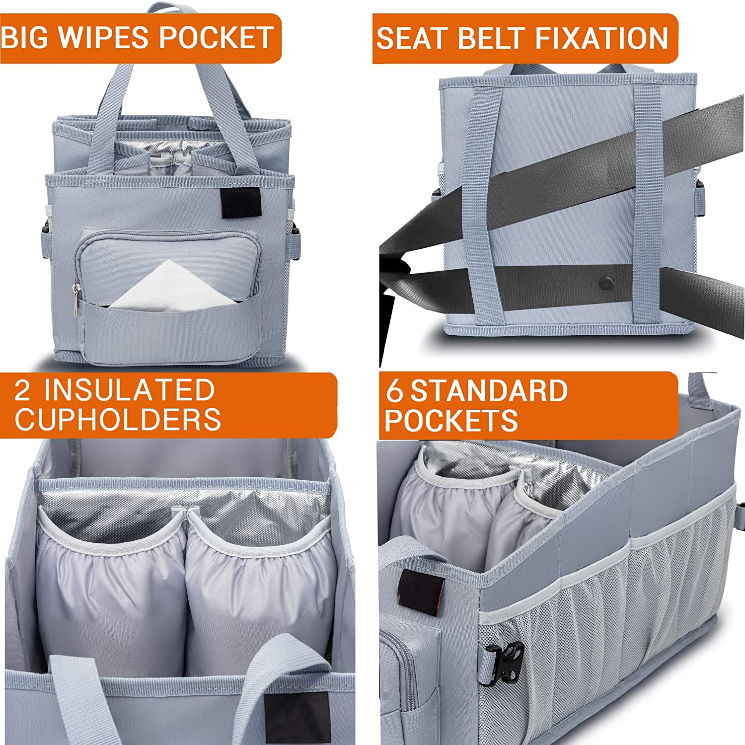 Car Organizer Between Seats Easy-to-Reach for Back Seat Travel Car Organizer with Tissue Box and Insulated Cup Holder