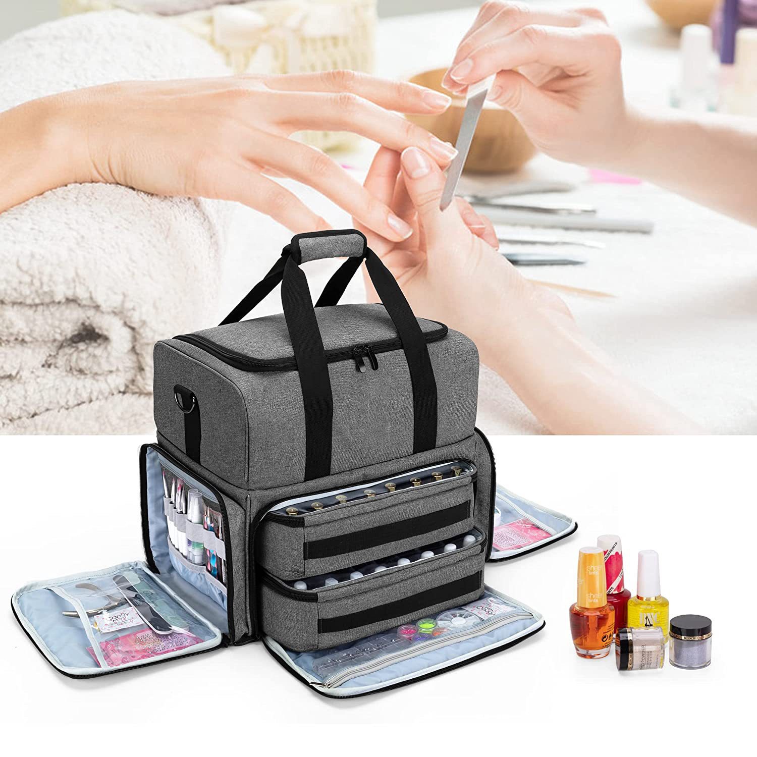 Factory low MOQ custom 80 Bottles nail polish set organizer bag case with 2 Removable Pouches and Manicure Tools Storage