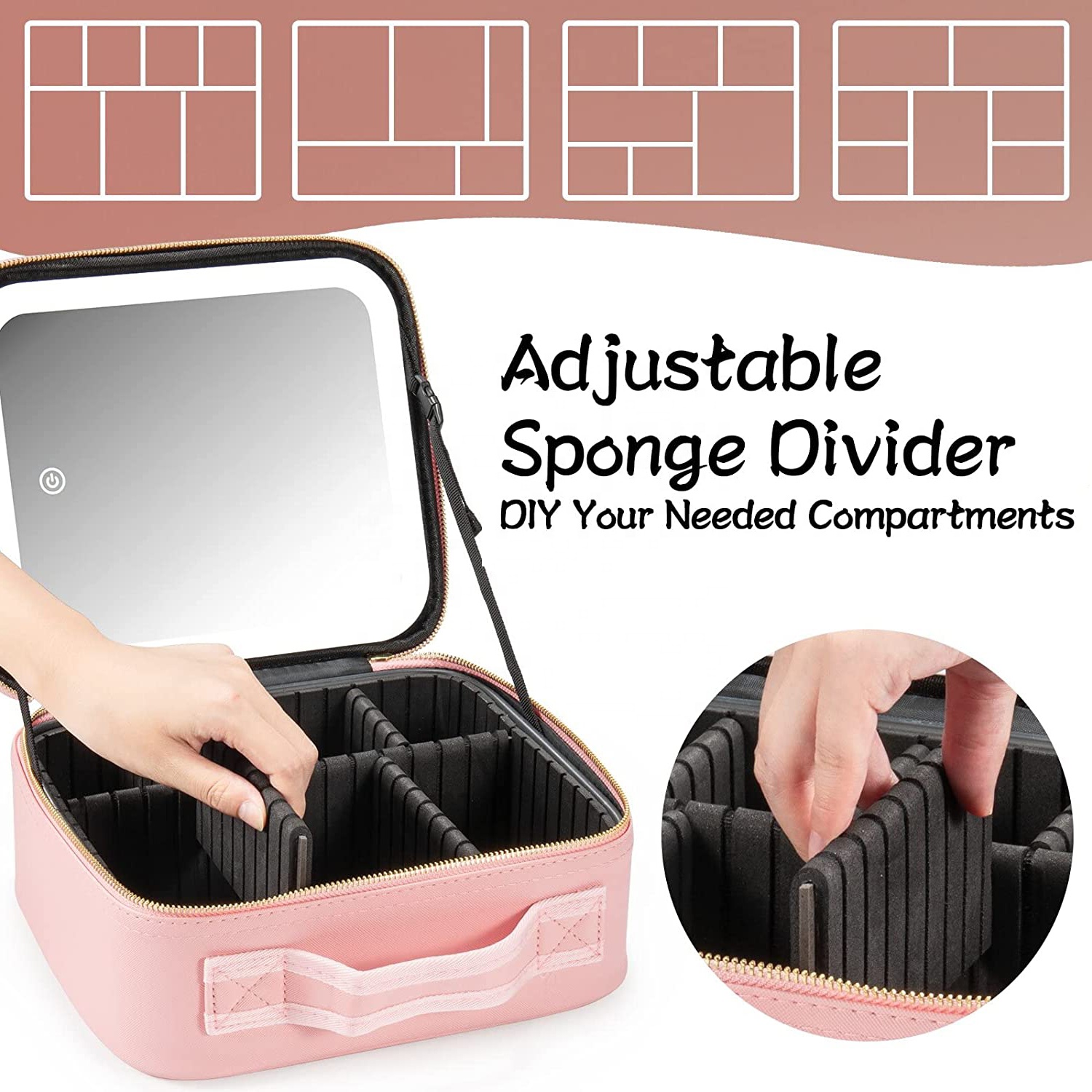 Factory New custom logo Adjustable Partition pink Travel Train Case with Mirror LED Light 3 Adjustable Brightness Cosmetic Bag