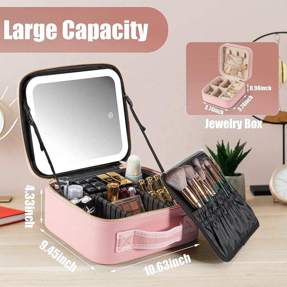 Factory New custom logo Adjustable Partition pink Travel Train Case with Mirror LED Light 3 Adjustable Brightness Cosmetic Bag Featured Image